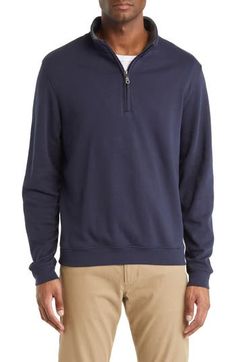 Classic details like a quarter-zip placket and banded trim at the cuffs and hem will have you looking cool and comfortable in this comfy cotton pullover. Stand collar Long sleeves 100% pima cotton Machine wash, dry flat Made in Peru Casual Cotton Half-zip Sweatshirt, Navy Half-zip Sweatshirt For Fall, Navy Half-zip Casual Sweatshirt, Casual Navy Half-zip Sweatshirt, Half-zip Cotton Sweatshirt With Ribbed Cuffs, Classic Cotton Half-zip Top, Half-zip Cotton Top With Ribbed Cuffs, Cotton Half-zip Top With Ribbed Cuffs, Cotton Pullover