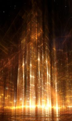 an abstract image of tall buildings in the distance with bright lights coming out from them