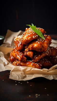 chicken wings piled on top of each other with sesame seeds and garnishes