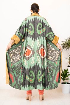 Maxi Ikat Robe with Fleece – NOMADIC Bohemian Long Kimono With Ikat Print, Long Bohemian Ikat Print Dress, Uzbek Fashion, Luxury Ikat Print Kaftan, Luxury Ikat Print Art Silk Traditional Wear, Traditional Long Sleeve Ikat Print Kimono, Artistic Clothing, Kaftan Designs, Cool Weather