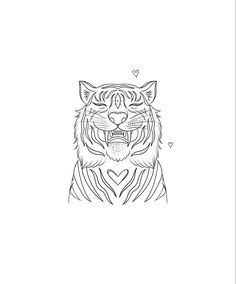 a black and white drawing of a tiger's face with hearts in the background