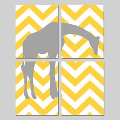 three giraffes on yellow and white zigzag wall art prints