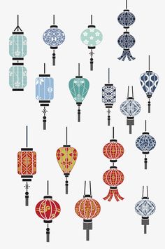 many different colored lanterns are hanging on the wall in front of a white background with black trim