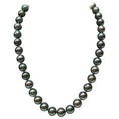 This gorgeous pre-owned green Tahitian South Sea pearl graduated necklace features 39 pearls carefully chosen for their radiant luster and green overtone. Their sizes range from 9-11mm It is a Princess length as follows: - Pearl to pearl: 42 cms - approx. 16.6" - Including clasp: 44 cms - approx. 17.3" Clasp: white gold Stamp: Switzerland Condition: As new All items at la Bourse du Luxe are subject to a strict quality control Green Single Strand Pearl Necklace, Single Strand Green Pearl Necklace, Green Pearl Necklace For Formal Occasions, Formal Green Pearl Necklace With Round Beads, Formal Green Pearl Necklace, South Sea Pearl Necklace, Tahitian Pearl Necklace, Pearl Strands Necklace, Graduation Necklace