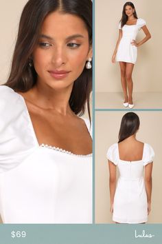 Leave everyone in total awe of how fabulous you look when you arrive in the Lulus Adorable Poise White Pearl Puff Sleeve Mini Dress! Sleek, satin-like woven fabric shapes this eye-catching dress that features a seamed bodice, a trendy square neckline, and short puff sleeves (with elastic at the shoulders and cuffs). The fitted waist tops a figure-flattering, bodycon skirt that finishes at a flirty mini hem. Gleaming faux pearls accent the neckline and waist for an extra luxe finish. Hidden back Spring Satin Mini Dress With Puff Sleeves, Summer Satin Mini Dress With Puff Sleeves, Elegant Satin Puff Sleeve Dress For Spring, Spring Satin Puff Sleeve Dress With Short Sleeves, Spring Satin Puff Sleeve Short Dress, Chic Satin Puff Sleeve Dress For Spring, Satin Puff Sleeve Summer Dress, Summer Evening Satin Puff Sleeve Dress, Chic Satin Puff Sleeve Dress For Night Out