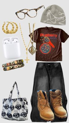 an assortment of items including shoes, necklaces and t - shirt are shown in this image