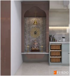 the interior of a bathroom with a buddha statue and gold accents on the wall, along with wicker baskets