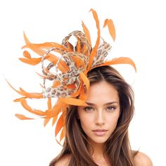 Hats By Cressida Kentucky Derby & Ascot Fascinator Hats Audrey Sinamay & Feather Fascinator Hat Gorgeous loops trimmed with coque feathers Body measures about 8 inches wide With orange headband. If you prefer a headband to match your hair, please make a note at check out what colour headband you want. This Fascinator is perfect for any special occasion like a wedding, bridal shower or ladies day at the races such as Royal Ascot, Kentucky Derby, Kentucky Oaks, and Melbourne Cup. We make each hat to order just for you, we would prefer if you did not order for choice. If colour match is important to you please ask for free fabric swatch to be sent to you - this reduces returns and disappointment.   We can also make a custom design for you if you have something else in mind.  RETURNS: We accep Elegant Hair Accessories For Races And Carnival, Elegant Hair Accessories For Carnival Races, Elegant Hair Accessories For Carnival, Orange Headpiece For Kentucky Derby Races, Orange Headpieces For Kentucky Derby Races, Orange Mini Hat For Kentucky Derby Races, Fascinator Headband For Races And Carnival, Summer Race Day Feather Hair Accessories, Orange Hat Fascinator For Races