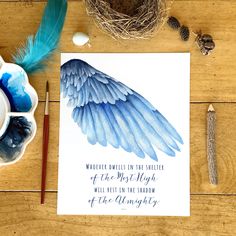 a watercolor painting of an angel wing with the words, wonder comes in the breeze of the pretti - night will rest on the shadow of the wings of the morning