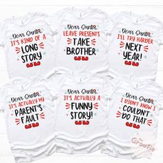 Spruce up your family gathering with these funny Christmas tees. These Christmas shirts are perfect for the whole family! ALSO AVAILABLE IN BLACK SHIRTS https://www.etsy.com/listing/1618938361/funny-christmas-shirt-family-christmas-t?click_key=4a6bdcaebcb6187cdce129a59660a17620813fcb%3A1618938361&click_sum=1a99cc1b&ref=shop_home_active_1&pro=1&frs=1 SHIRT DETAILS * Bella+Canvas - Adult, Youth, and Toddler shirts * Rabbit Skins - Baby shirts and bodysuits * Next Level - Women's tank tops * Gildan - alternative option if the primary brand is out of stock * 100% soft cotton SIZING * Our shirts are unisex - Run true to size and have a relaxed fit. Order one size smaller for a further slim fit. * If you are unsure about what size to order, please refer to the size chart in the photos or reach o Fun Letter Print T-shirt For Holiday, Family Christmas Tahirts, Cricut Christmas Shirts Matching Family Pjs, Funny Christmas Holiday T-shirt, Casual Christmas T-shirt For Family, Christmas T-shirt With Funny Print, Funny White T-shirt For Holiday, Holiday Family Matching Letter Print T-shirt, Christmas Graphic Tee With Funny Text