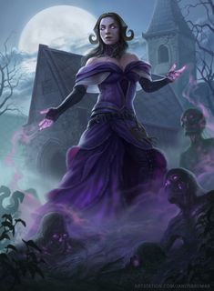 a woman in a purple dress standing next to a creepy house with her hands out