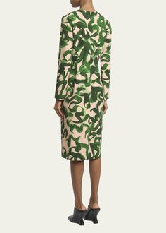 Dries Van Noten Delavina Printed Midi Dress - Bergdorf Goodman Green Printed Evening Dress, Green Abstract Print Midi Dress, Green Midi Dress With Abstract Print, Green Midi Length Dress With Abstract Print, Green Fitted Dress With Abstract Print, Fitted Green Dress With Abstract Print, Formal Green Elastane Dresses, Elegant Long Sleeve Dress With Abstract Print, Fitted V-neck Dress With Abstract Print