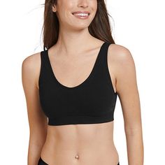 For a feel-good bra that you actually look forward to putting on—experience the airy feel of the Jockey Cotton Seamfree Molded Cup Bralette. Stretchy, breathable cotton blend fabric feels soft against the skin, while sewn-in, wire-free molded cups enhance your natural shape. The best part? No pads to remove for washing! Extra back and side smoothing adds a sleek fit under your favorite tops while wide straps and a stretchy underband lend comfortable support without pinching or digging. Perfect c Black No-show Sports Bra With Built-in Bra, Black Seamless Everyday Bra, Everyday Black Seamless Bra, Black Seamless No-show Sports Bra, Black Stretch Bra For Everyday, Everyday Full Coverage Sports Bra With Light Support, Everyday Stretch Black Bra, Everyday Black Stretch Bra, Supportive Relaxation Bra