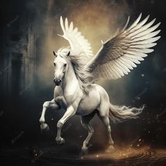 a white horse with wings on it's back in front of a dark background