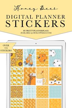 the honey bee digital planner stickers are shown on an ipad, with text overlay