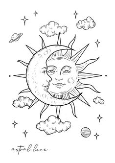 a drawing of the sun and moon with clouds