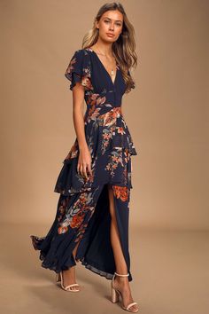 Lovely Navy Blue Dress - Tiered Maxi Dress - Floral Print Dress - Lulus Bohemian Evening Dress In Georgette, Bohemian Georgette Evening Dress, Bohemian Floral Print Dress In Georgette, Bohemian Floral Print Georgette Dress, Bohemian Georgette Dress With Floral Print, Party Floral Print Maxi Dress In Georgette, Chiffon Maxi Dress With Floral Print For Gala, Party Floral Print Georgette Maxi Dress, Formal Bohemian Maxi Dress With Floral Print