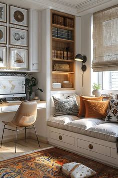 a home office with lots of bookshelves and pillows on the desk, along with a window seat