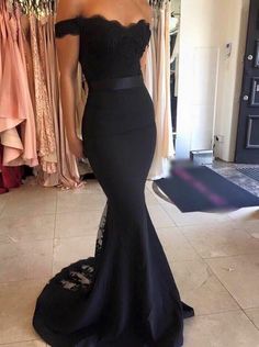 Black Lace Off-the-Shoulder Mermaid Satin Prom Dresses 2017 Black Lace Bridesmaid Dress, Black Lace Prom Dress, Prom Dress With Train, Girl Games, Navy Blue Prom Dresses, Evening Dress Long, Mermaid Prom Dresses Lace, Lace Bridesmaid Dresses