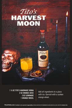 an advertisement for a halloween themed bar called tio's harvest moon