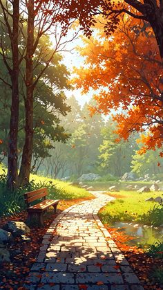 a painting of a path through a park with trees and leaves in the foreground