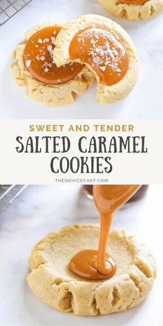 homemade salted caramel cookies on a cooling rack with the title text overlay reads, sweet and tender salted caramel cookies