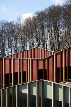 an image of a building that is made out of metal and red corrugated sheets with trees in the background