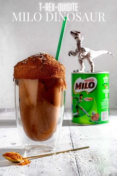 Milo dinosaur next to a tin of Milo and a plastic dinosaur. Milo Milk, Milo Dinosaur, Milo Drink, Milo Recipe, Chocolate Cake Shot, Fun Drink Recipe, Cake Shots, Chocolate Drink