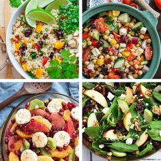 four different pictures of food including salads, fruits and vegetables