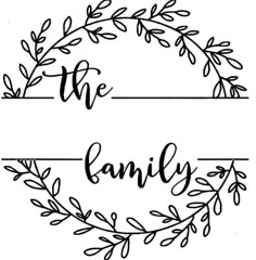 the word family written in black ink on a white background with leaves and branches around it