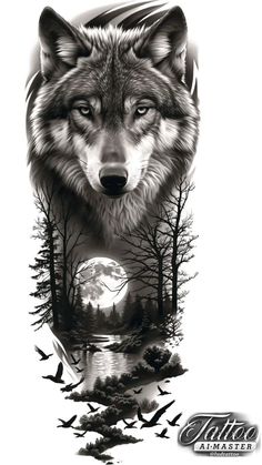 a wolf with trees and birds on it's back is shown in black and white