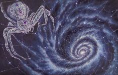 a drawing of a spider sitting on top of a blue spiral with stars in the background