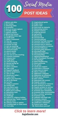 a purple and blue poster with the words 100 social media post ideas in red on it