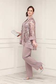 Step out in style with this R&M Richards two-piece Sequin Necklace pant-suit. This jacket is designed with relaxed-fit pants, a shell, and a long lace jacket that flatters in the right places. Glamorous and elegant without being overwhelming. This semi-formal pant set also features an attached necklace that completes the look. This pantsuit is both classy and gorgeous for your next special occasions, whether at a semi-formal wedding or a rehearsal dinner. Available in Black Two piece sequin jack Lace Pantsuit, Long Lace Jacket, Dressy Pant Suits, Pleats Fashion, Pant Suits For Women, Lace Coat, Social Dresses, Net Lace, Cocktail Attire