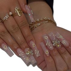 Ongles Bling Bling, Milky Nails, Gold Nail, Long Square Acrylic Nails, Unique Acrylic Nails