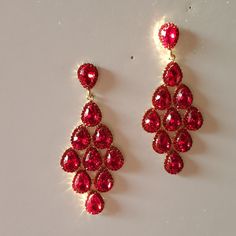 Red Crystal Dangle Earrings - Red And Gold - Plated - Lead Free - Crystal - Light Weight Length: 3.25" Red Teardrop Chandelier Earrings For Formal Occasions, Red Chandelier Earrings For Party, Crystal Dangle Earrings, Crystal Light, Earrings Red, Red Crystals, Red And Gold, Red Gold, Lady In Red