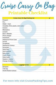 the cruise carry on bag printable checklist is shown in blue, yellow and white