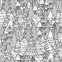 a black and white christmas tree pattern with lots of trees in the background for coloring