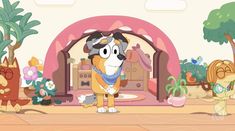 an animated dog is standing in the middle of a room with other cartoon characters around it