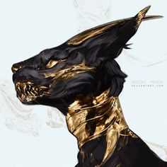 an artistic painting of a black and gold dragon's head with its mouth open