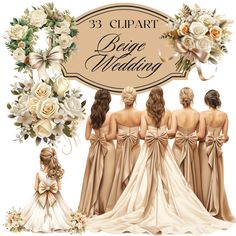 three bridesmaid dresses and bouquets are shown in front of the wedding sign