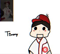 an animated image of a baseball player with a red cap and white uniform, standing in front of a black and white photo