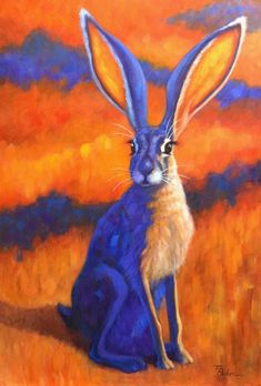 a painting of a blue rabbit sitting on the ground with an orange sky in the background