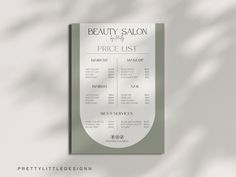 the price list for beauty salon is displayed on a white background with shadow from it