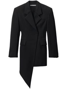 black lambs wool twill weave asymmetric design concealed front button fastening notched lapels long sleeves two side flap pockets asymmetric hem Asymmetrical Suit, Asymmetric Blazer, Short Blazer, Blazer Mini Dress, Twill Weave, Blazer And Shorts, Asymmetrical Design, Exclusive Fashion, Blazer Dress