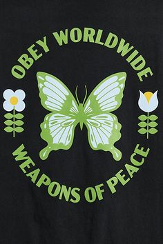 Peace tee by OBEY. Topped with butterfly graphics at the left chest and back, this tee is cut in a standard fit with a ribbed crew neck and short sleeves. Features Peace tee from OBEY Front and back graphics Regular fit Ribbed crew neck Short sleeves Content + Care 100% Cotton Machine wash Imported Size + Fit Measurements taken from size Medium Chest: 21" Length: 29" | OBEY Peace Tee in Black, Men's at Urban Outfitters Summer Graphic Tee With Butterfly Print, Cheap Butterfly Print Graphic Tee, Graphic Tee With Butterfly Print For Streetwear, Trendy White T-shirt With Butterfly Print, Trendy Cotton T-shirt With Butterfly Print, Obey Tshirt, Obey Clothing, Contemporary Graphic, Butterfly Graphic