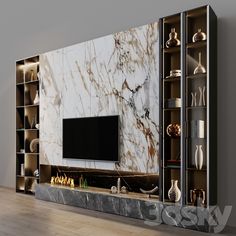 a modern living room with marble walls and fireplace in the center, surrounded by glass shelving units