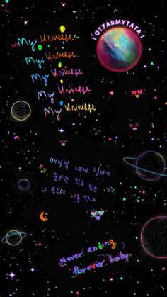 an image of the planets and their names in neon colors on a black background with stars