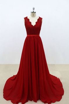 a - line v - neck red chiffon prom dress with lace appliques