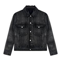 Classic black denim jacket with a worn-in look. Features a button-up front, collar, and two chest pockets with snap closures. Side pockets and adjustable waist tabs add functionality. The distressed finish gives it an edgy, vintage appeal. Perfect for layering and adding a cool, casual vibe to any outfit. Size (in cm) S M L XL Length 56 58 60 62 Chest 113 117 121 125 Shoulder 48 50 52 54 More Sizing Information Below Winter Washed Denim Collared Jacket, Classic Black Denim Jacket With Flap Pockets, Winter Utility Denim Jacket With Buttoned Pockets, Washed Black Long Sleeve Denim Jacket With Pockets, Utility Denim Jacket With Buttoned Pockets For Winter, Black Cotton Denim Jacket With Buttoned Pockets, Black Denim Vest With Button Closure, Black Button-up Denim Jacket For Streetwear, Black Washed Button-up Denim Jacket